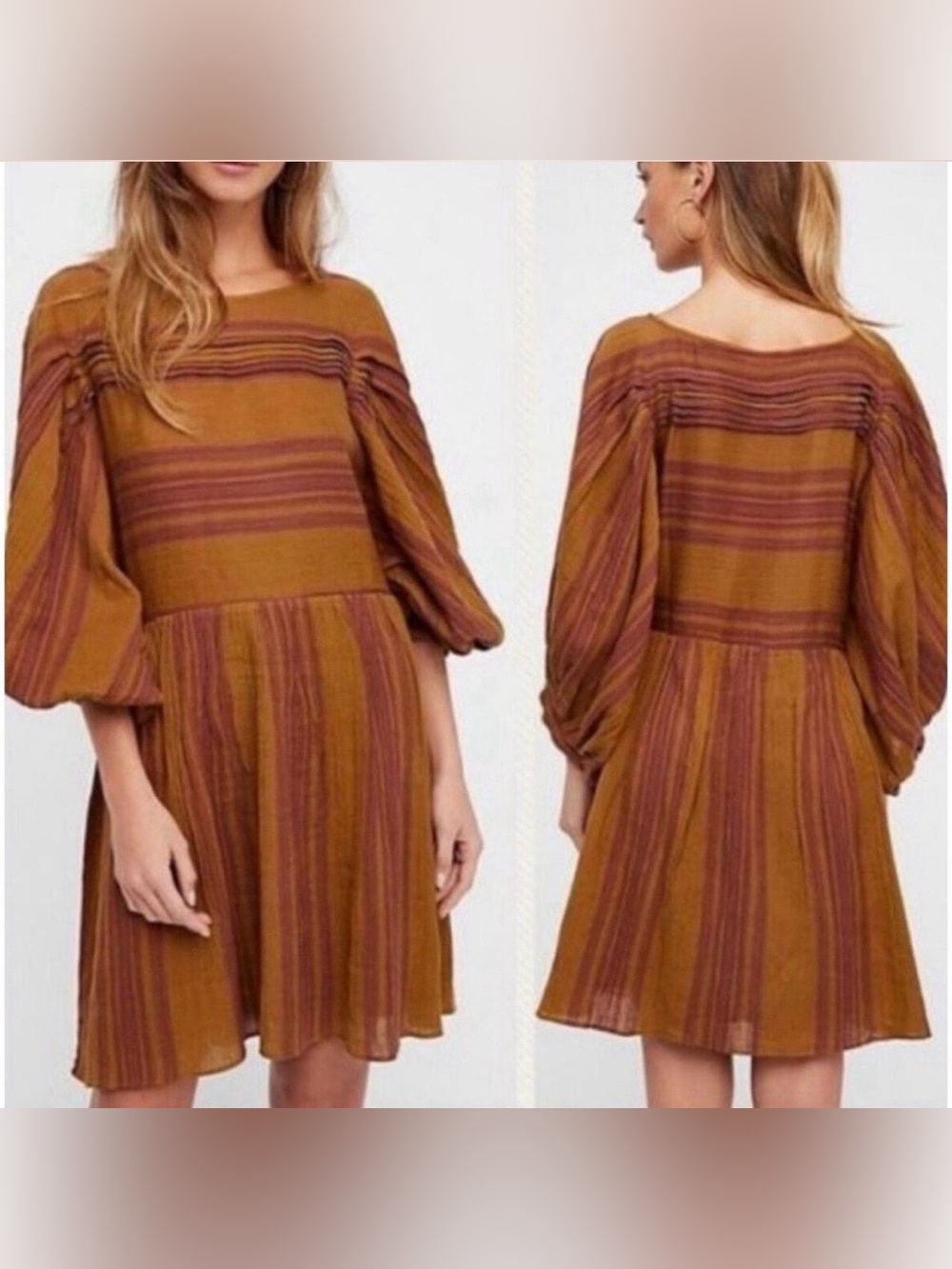 Free People Striped Balloon Sleeve Dress in Mustard and Maroon - Picture 2 of 7